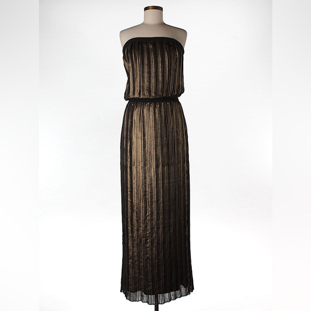 BCBG Metallic Gold Pleated Strapless Maxi Dress Gown Small